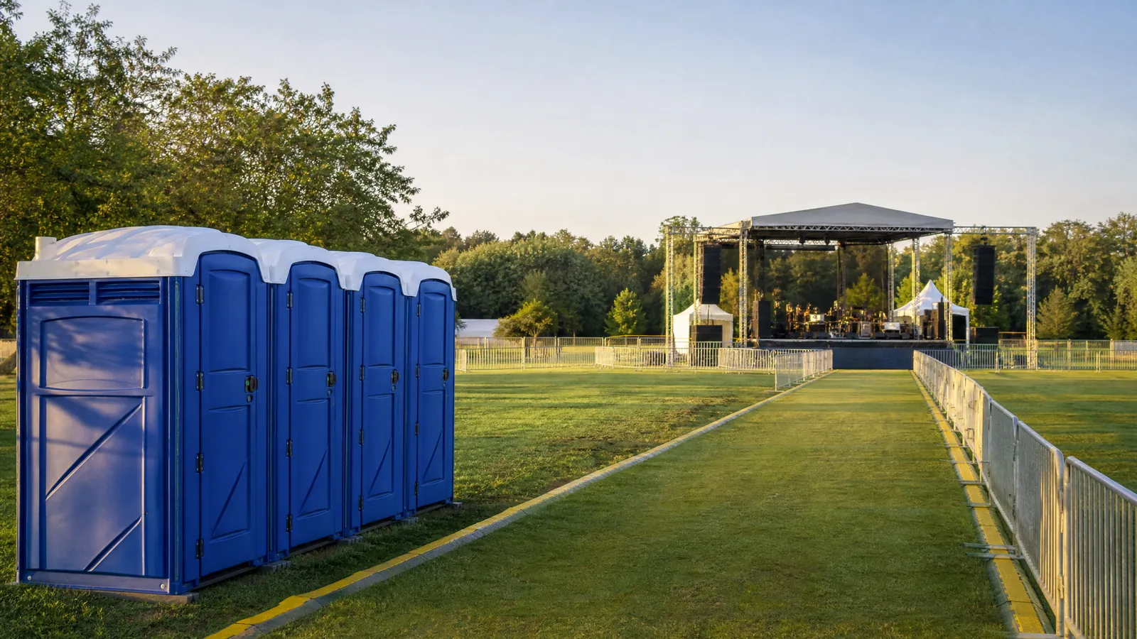 Portable restrooms placed beside a planned outdoor concert walkway.