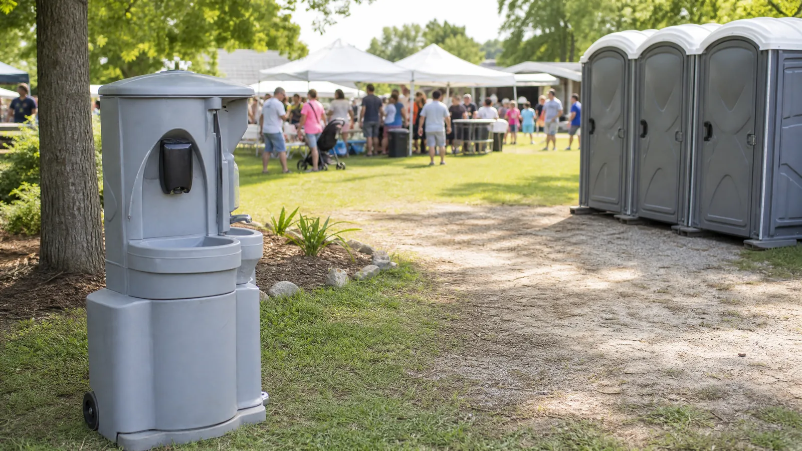 A portable handwashing station near a temporary restroom area at a community event.