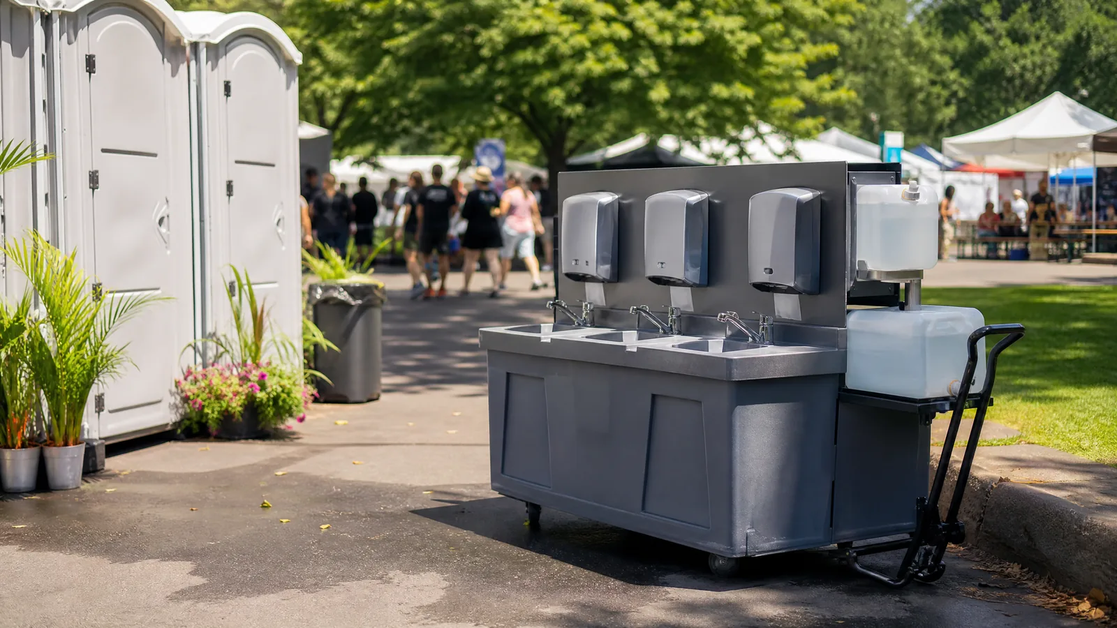 Standalone portable handwashing station next to temporary restrooms at an outdoor gathering