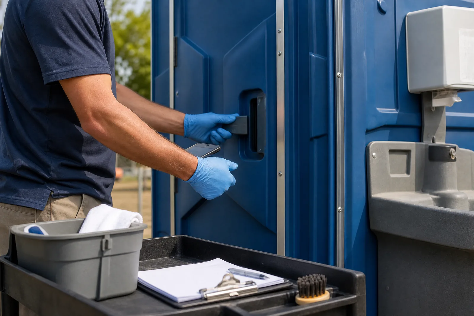 Portable restroom positioned on a level gravel area beside an active building construction site