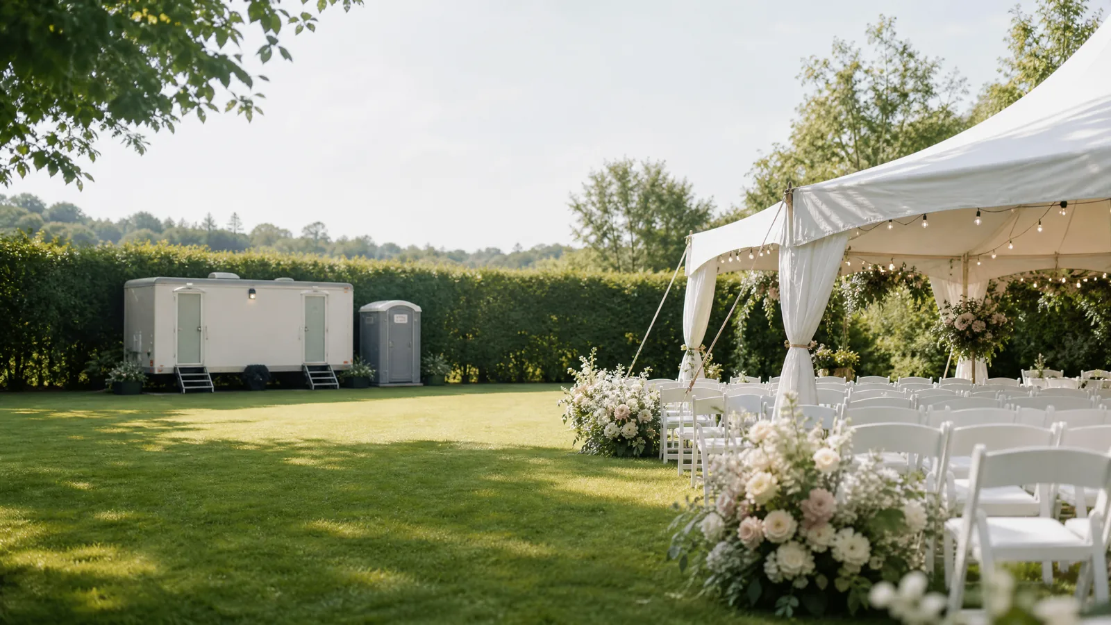 Temporary restroom facilities placed discreetly at a garden celebration.